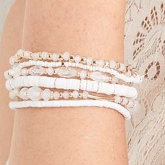 6 Stretch Bracelet Set Bundle Layering Stretchy Bracelets White & Gold Lot NWT - Picture 2 of 2